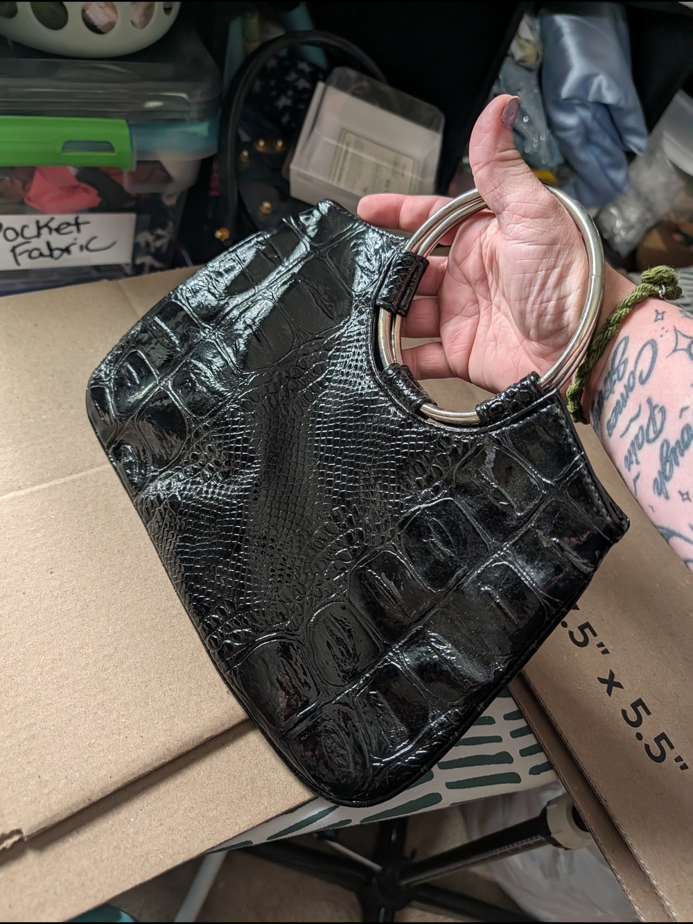 Black Croc-Embossed Ring-Handle Women's Bag